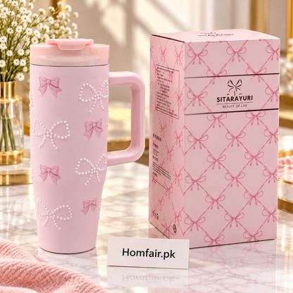 Sitarayuri Pink Bow & Pearl Design Tumbler with Decorative Straw Lid