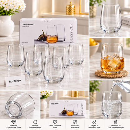 Danny Home Classic Glass Cup Set 6 Pcs Premium Stemless Drinking Glasses