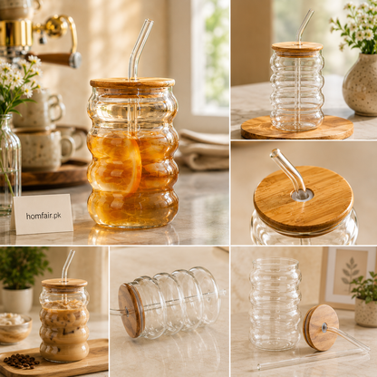 500ml Golden Ribbed Glass Tumbler with Bamboo Lid & Glass Straw