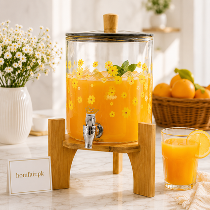Glass Beverage Dispenser with Wooden Stand & Tap