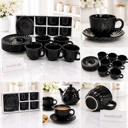 12-Piece Premium Black Ceramic Tea Cup & Saucer Set