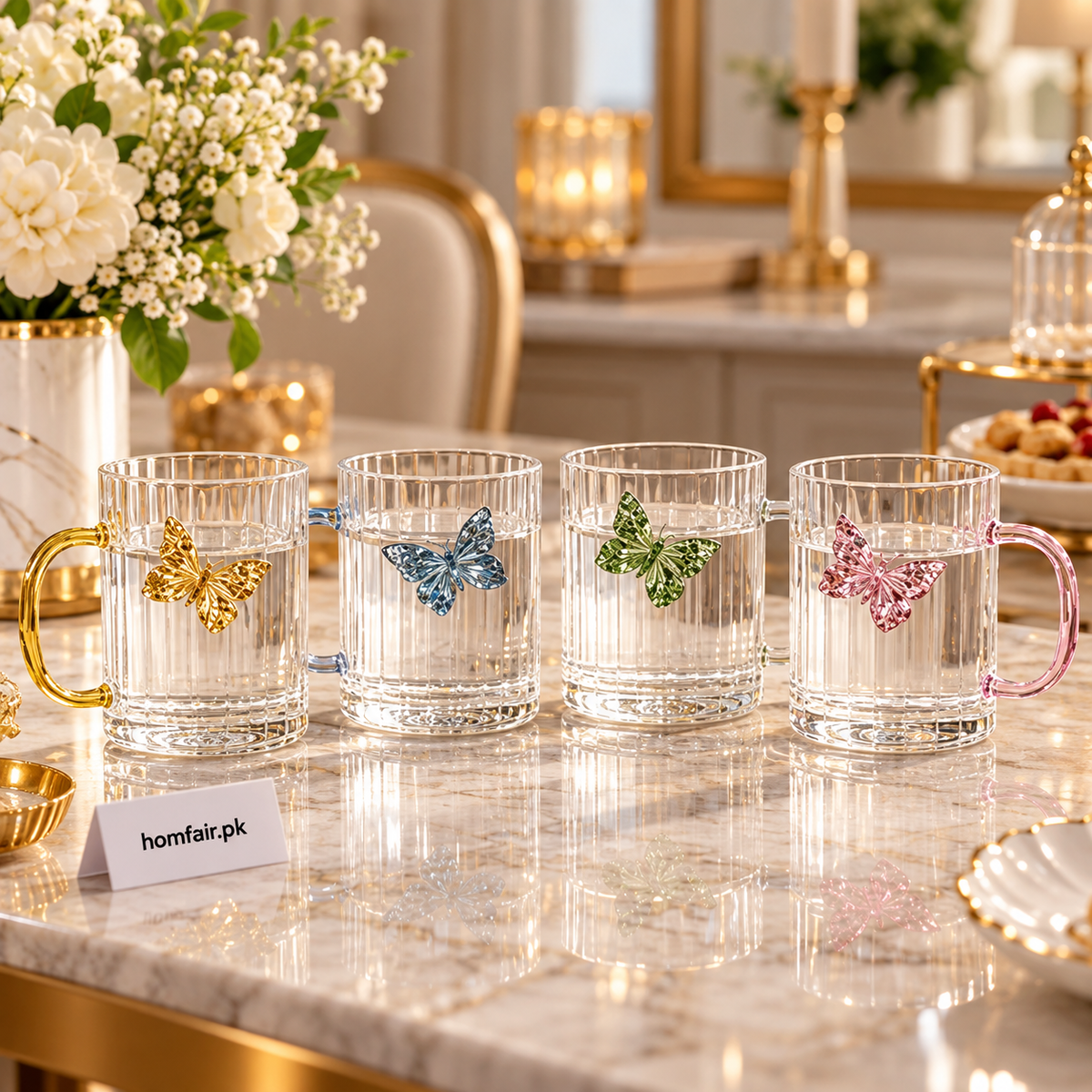 Luxury 3D Butterfly Striped Glass Mug with Creative Colored Handle