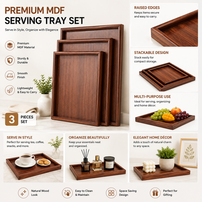 Premium 3-Piece Wooden Serving Tray Set