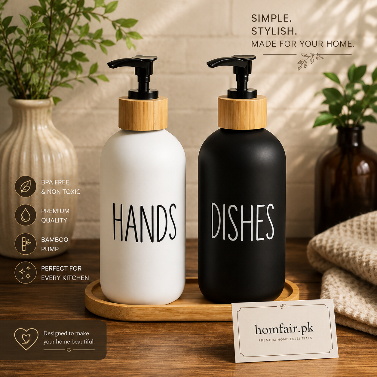 Luxury Dual Soap Dispenser Set with Bamboo Tray – Hand Wash & Dish Soap Bottles for Kitchen & Bathroom (2-Piece Set)