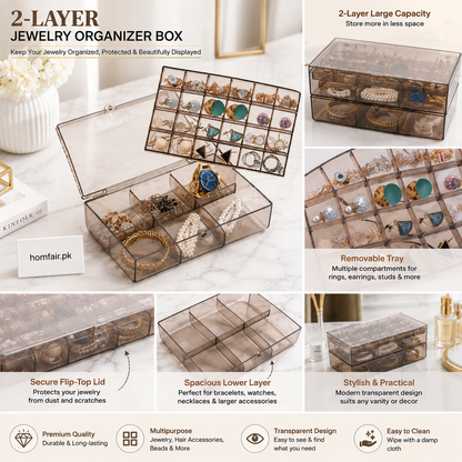 2-Layer Jewelry Organizer Box with Removable Tray Transparent Storage Case