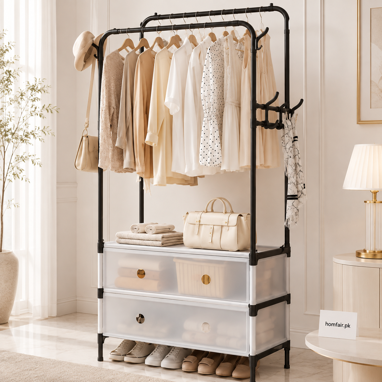 Multifunctional Clothes Rack with Double Hanging Rods, 2 Storage Drawers & Shoe Rack