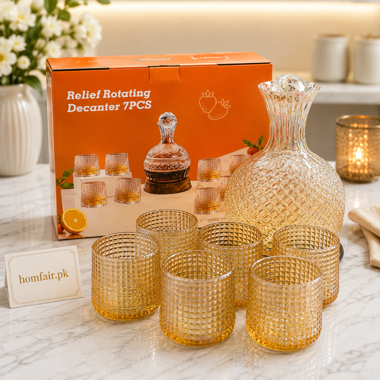 Premium Revolving Glass Decanter Set with 6 Whiskey Glasses