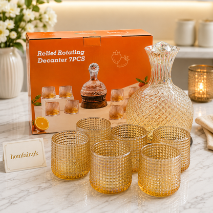 Premium Revolving Glass Decanter Set with 6 Whiskey Glasses