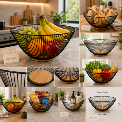 Premium Black Metal Wire Fruit Basket – Modern Countertop Fruit Bowl