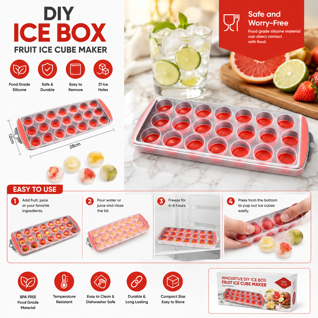 Ice Cube Tray with Lid – 21 Grid Silicone Ice Ball Maker
