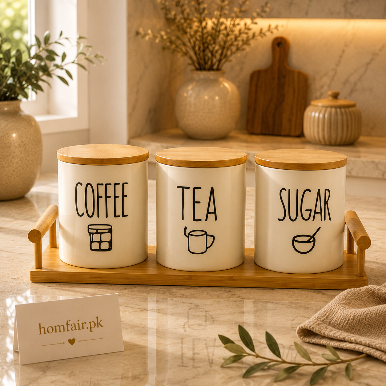 Premium Ceramic Tea, Coffee & Sugar Canister Set with Bamboo Tray