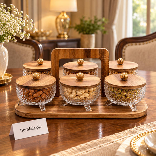 Luxury Walnut-Finish 6-Bowl Dry Fruit Serving Stand for Elegant Dining