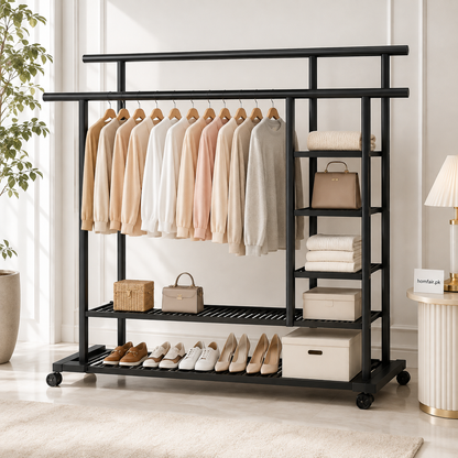 Heavy-Duty Rolling Clothes Rack with Double Hanging Rods & Storage Shelves