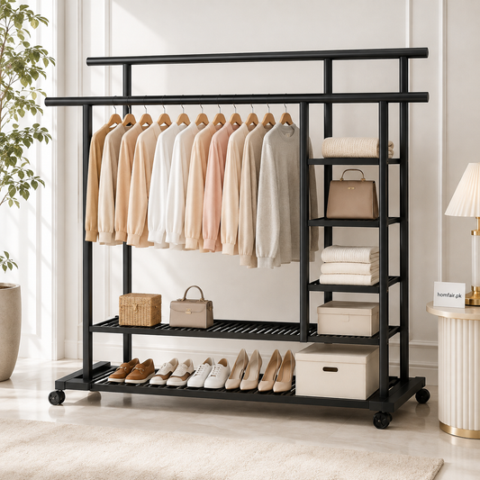 Heavy-Duty Rolling Clothes Rack with Double Hanging Rods & Storage Shelves