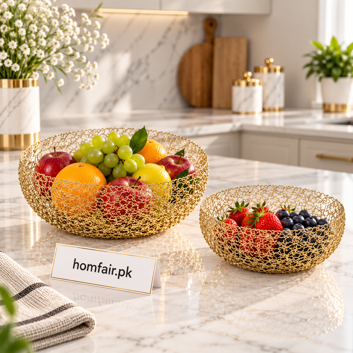 Round Gold Wire Mesh Decorative Basket Set for Home Storage