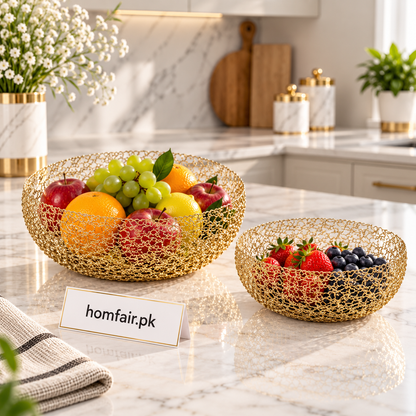 Round Gold Wire Mesh Decorative Basket Set for Home Storage