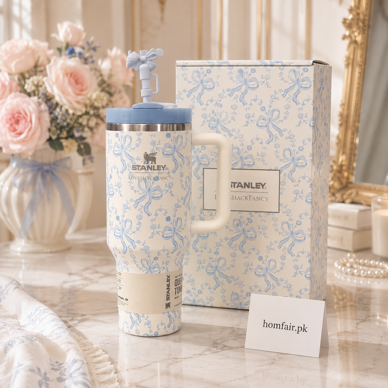 Stanley X LoveShackFancy Blue Ribbon Rosa Quencher H2.0 FlowState Tumbler 40oz Gift Box