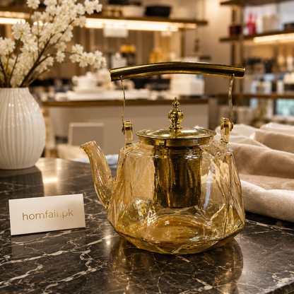 Glass Teapot with Stainless Steel Infuser & Gold Lid – Heat Resistant Tea Kettle