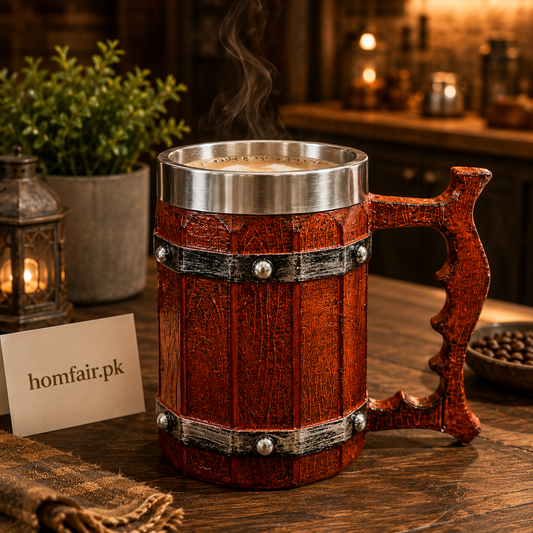 Wooden Barrel Coffee Mug with Stainless Steel Rim