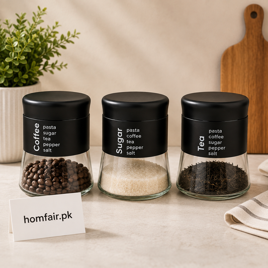3-Piece Glass Storage Jar Set with Black Lids – Coffee, Sugar & Tea Canisters
