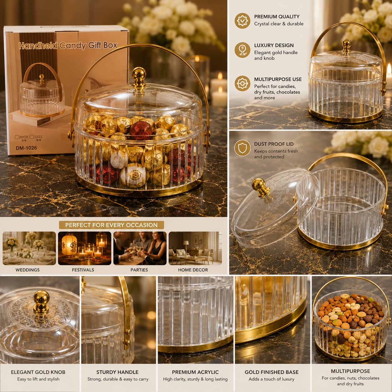 Luxury Acrylic Handheld Candy Gift Box with Gold Handle & Lid