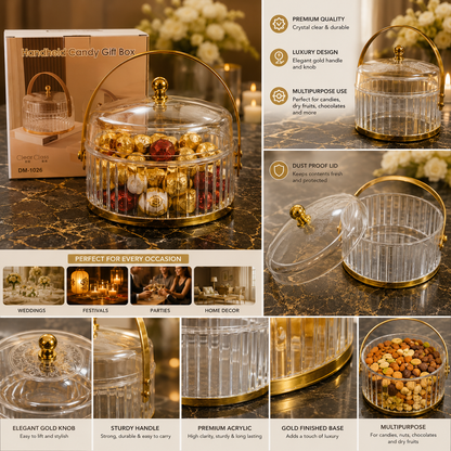 Luxury Acrylic Handheld Candy Gift Box with Gold Handle & Lid