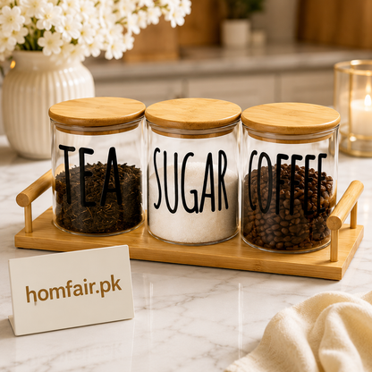 Piece Glass Storage Jar Set with Bamboo Lids & Wooden Tray
