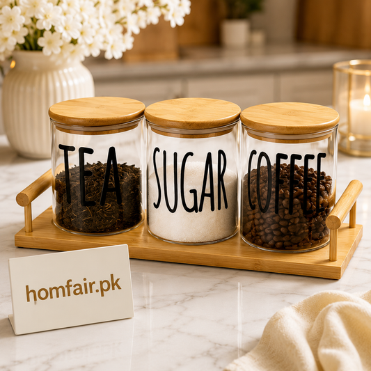 Piece Glass Storage Jar Set with Bamboo Lids & Wooden Tray