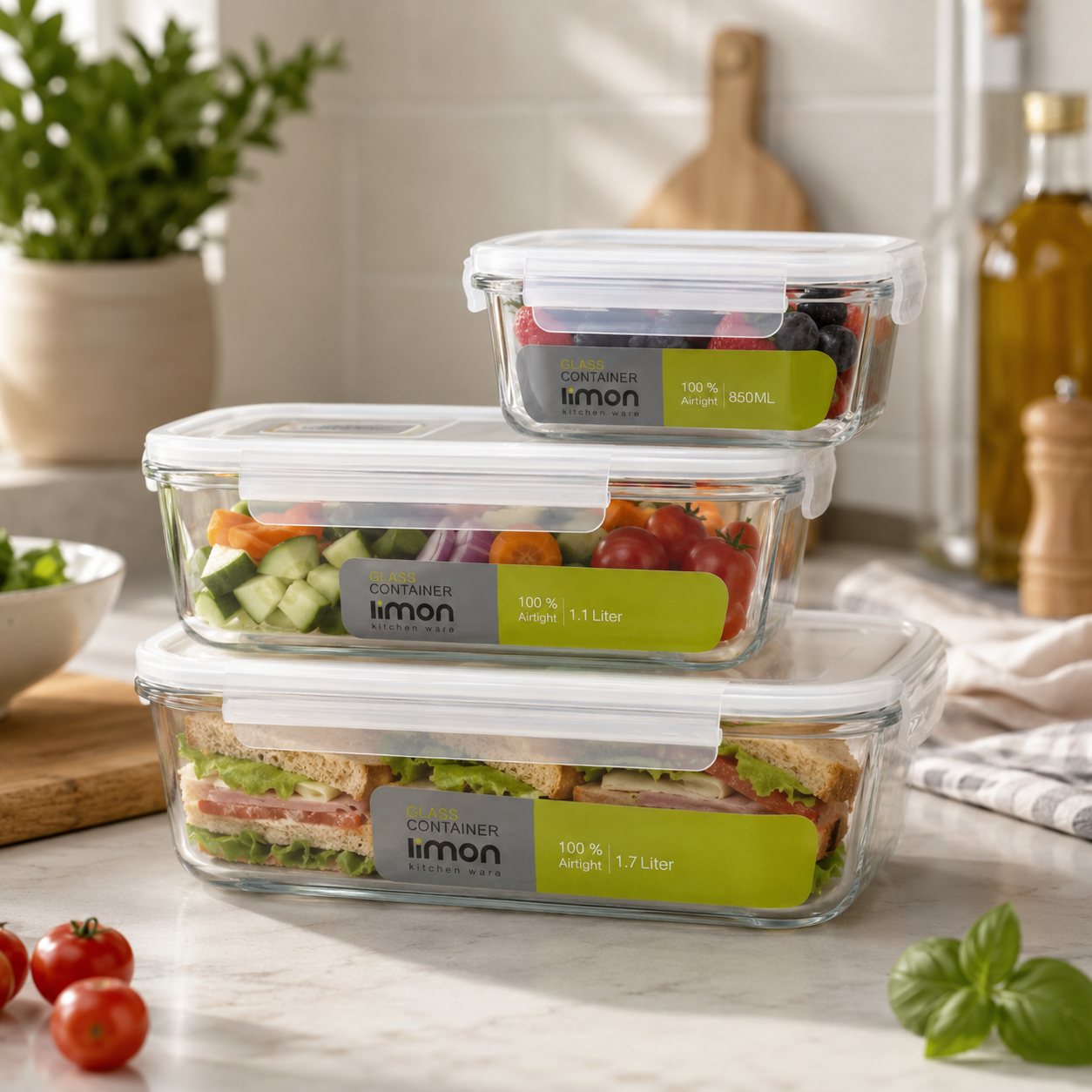 Limon 1806 Rectangle Glass Storage Set with Lids 3-Piece