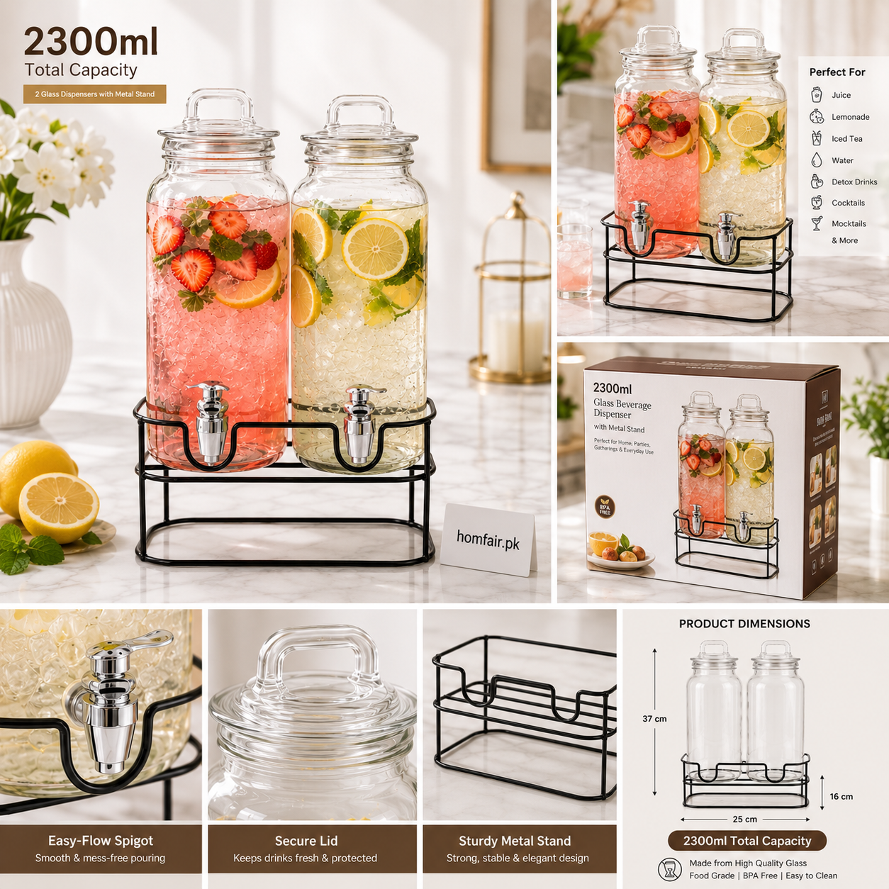 Double Glass Beverage Dispenser with Metal Stand – 2300ml