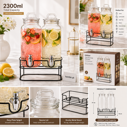 Double Glass Beverage Dispenser with Metal Stand – 2300ml
