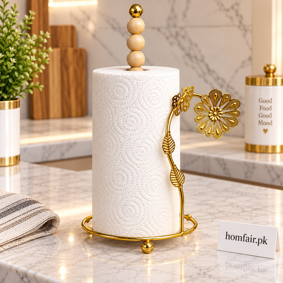 Luxury Golden Tissue Roll Holder with Wooden Bead Handle
