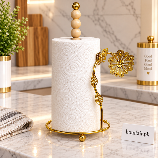 Luxury Golden Tissue Roll Holder with Wooden Bead Handle