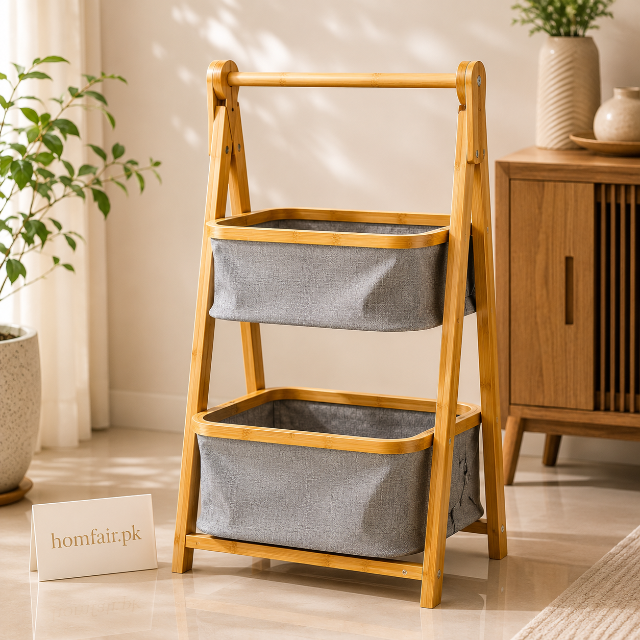 Premium Bamboo 2-Tier Storage Organizer with Removable Fabric Baskets