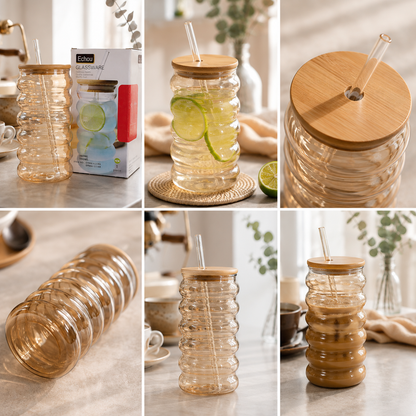 580ml Amber Ribbed Glass Tumbler with Bamboo Lid & Glass Straw