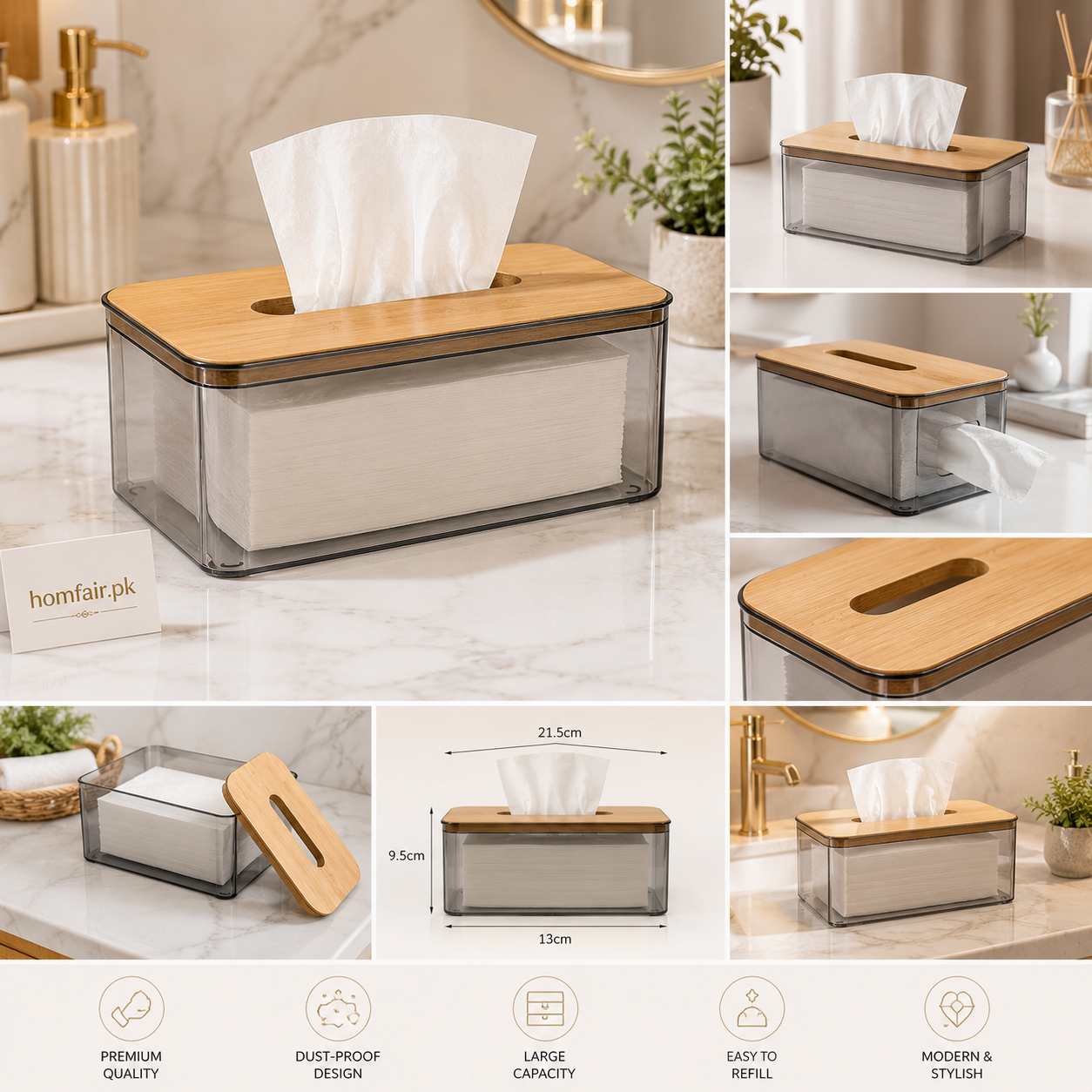 Rectangular Transparent Tissue Holder with Bamboo Lid