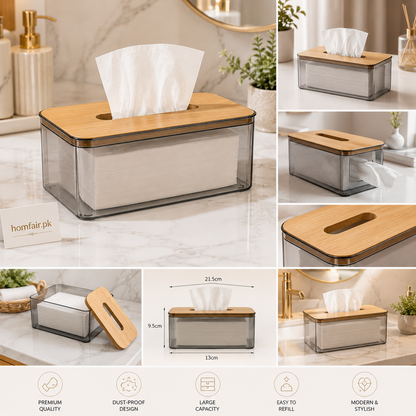Rectangular Transparent Tissue Holder with Bamboo Lid