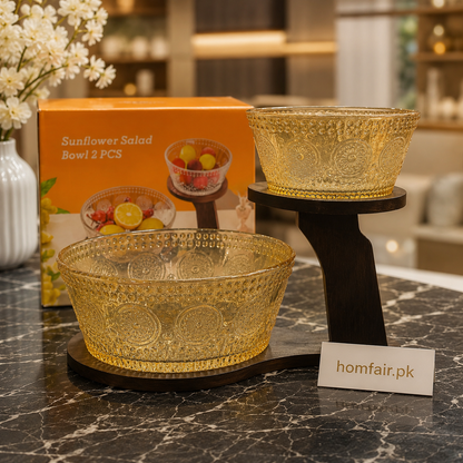 Embossed Amber Glass Sunflower Salad Bowl Set (2-Piece)