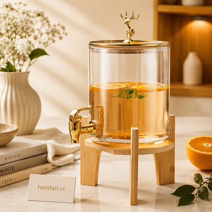 Luxury Glass Beverage Dispenser with Wooden Stand & Gold Tap | 3600ML