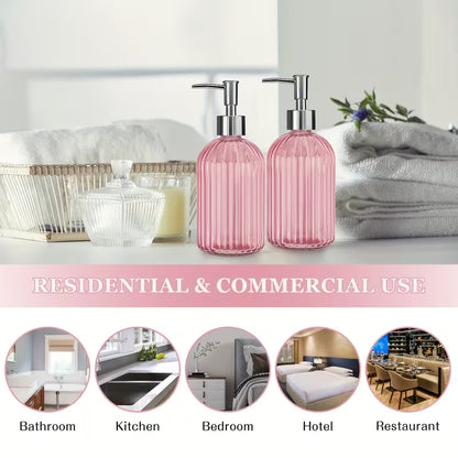 Glass Soap Dispenser Bottles with Silver Pump, 400ml Refillable Vertical Stripe Design (Random Colours)