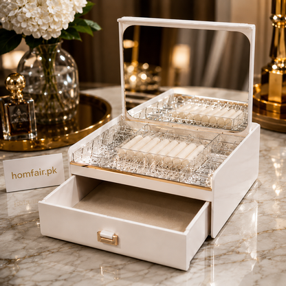 Luxury Jewelry Organizer Box with Mirror & Storage Drawer