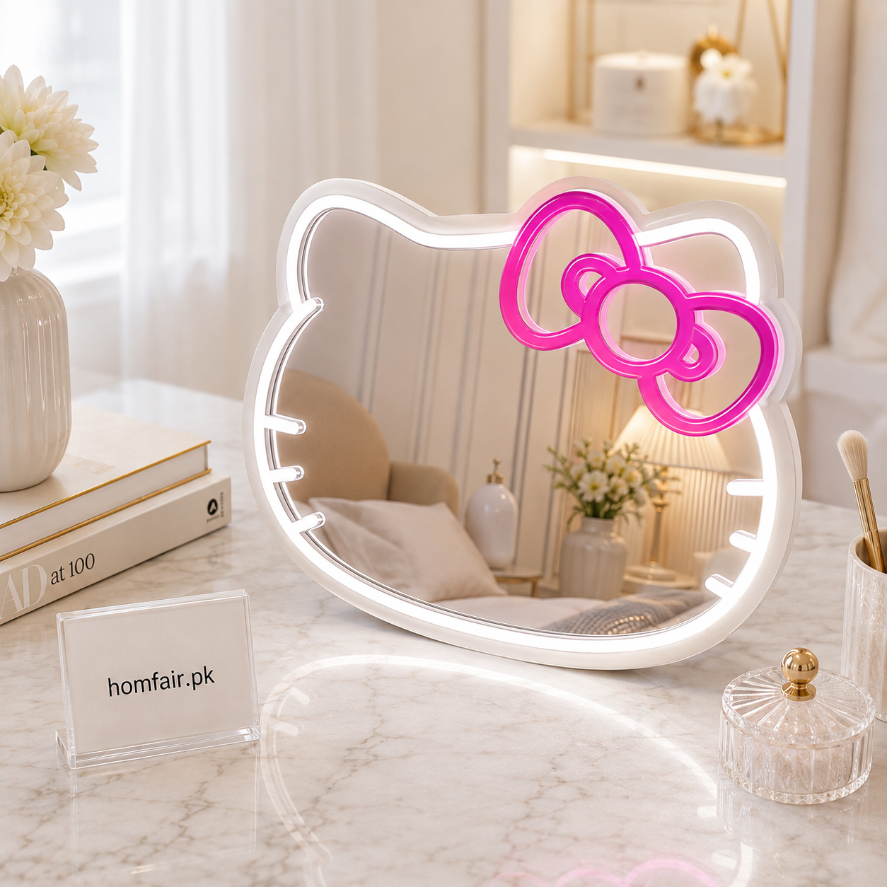 Hello Kitty LED Wall Mirror USB Powered Dimmable Vanity Makeup Mirror with Pink Neon Light