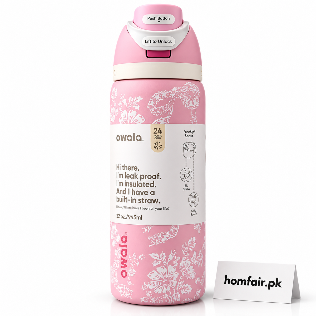 Owala Pink Floral Insulated Water Bottle 32oz with FreeSip Spout & Leak-Proof Lid