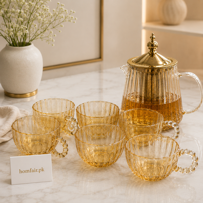 Premium Glass Tea Pot Set with 6 Luxury Tea Cups