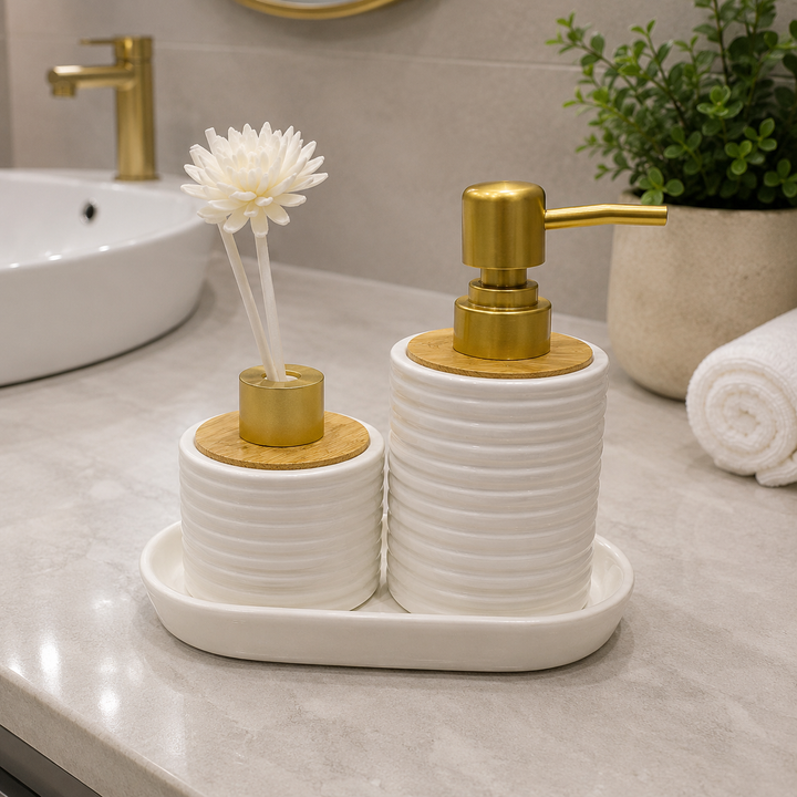 Luxury White & Green Ceramic Bathroom Accessory Set with Soap Dispenser & Diffuser Tray