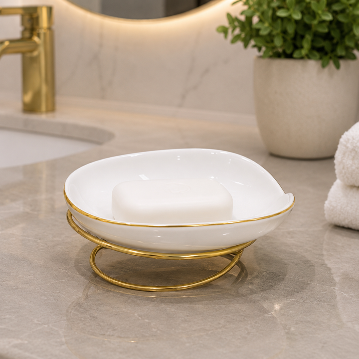 Luxury Ceramic Soap Dish with Gold Metal Stand