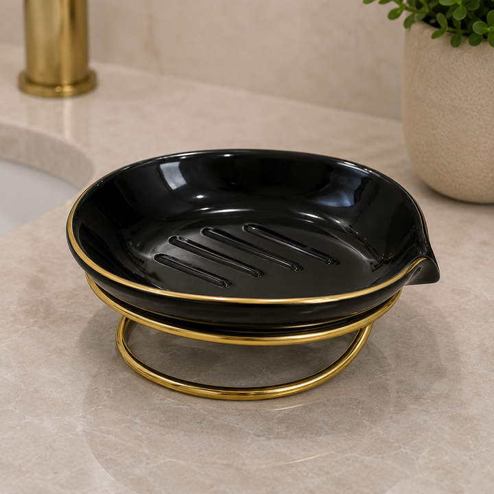 Luxury Black Ceramic Soap Dish with Gold Metal Stand