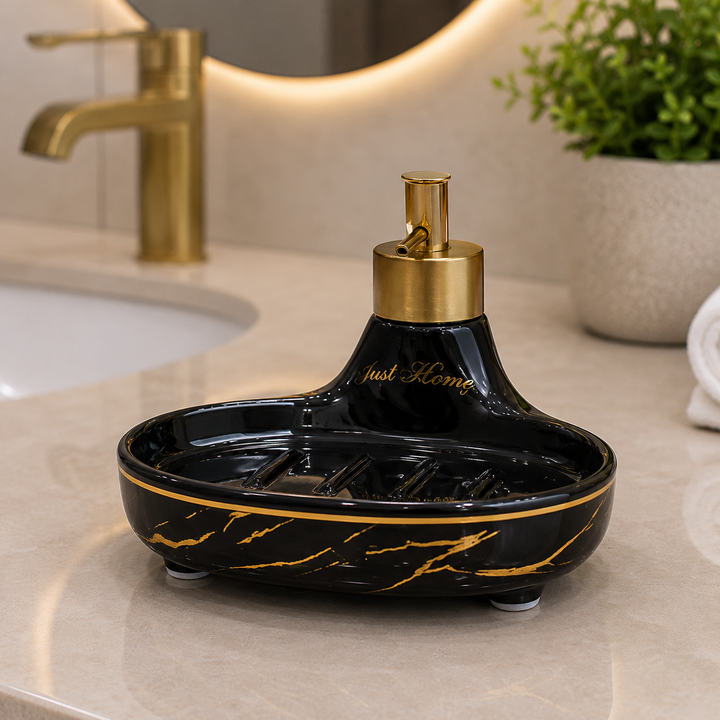 Luxury Black Ceramic Soap Dispenser & Soap Dish Set with Gold Accents