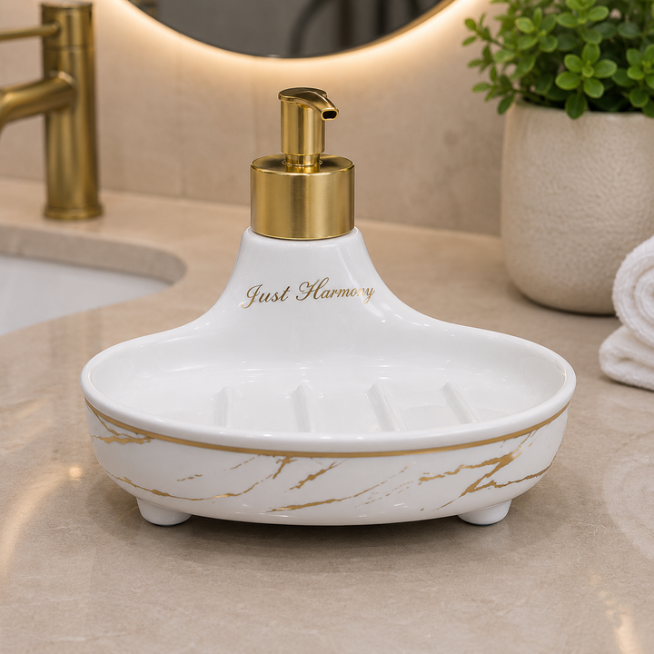 Luxury White Ceramic Soap Dispenser & Soap Dish Set with Gold Marble Accents