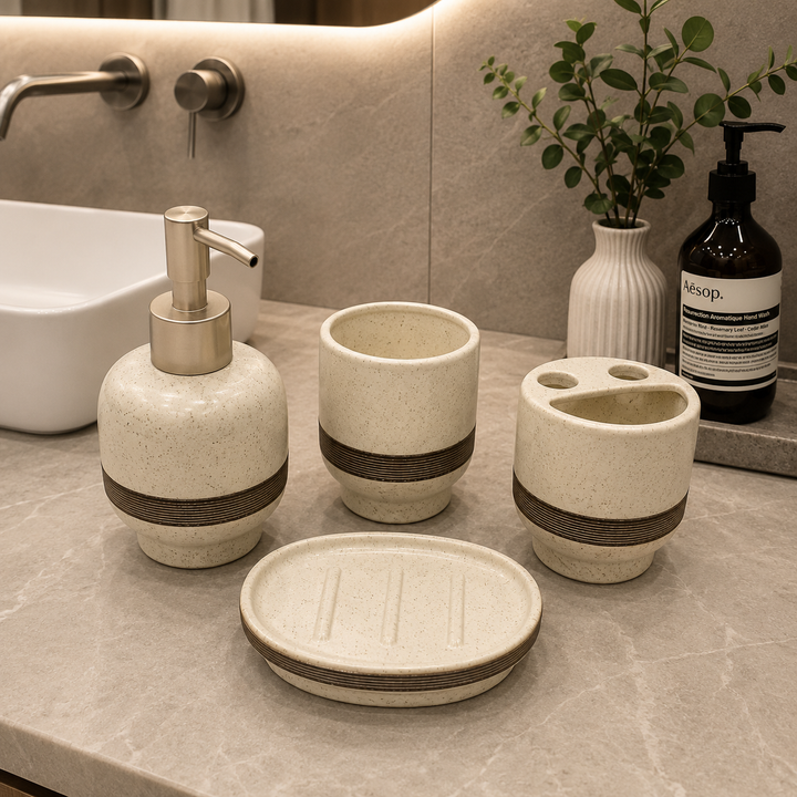 4-Piece Speckled Ceramic Bathroom Accessories Set – Cream White